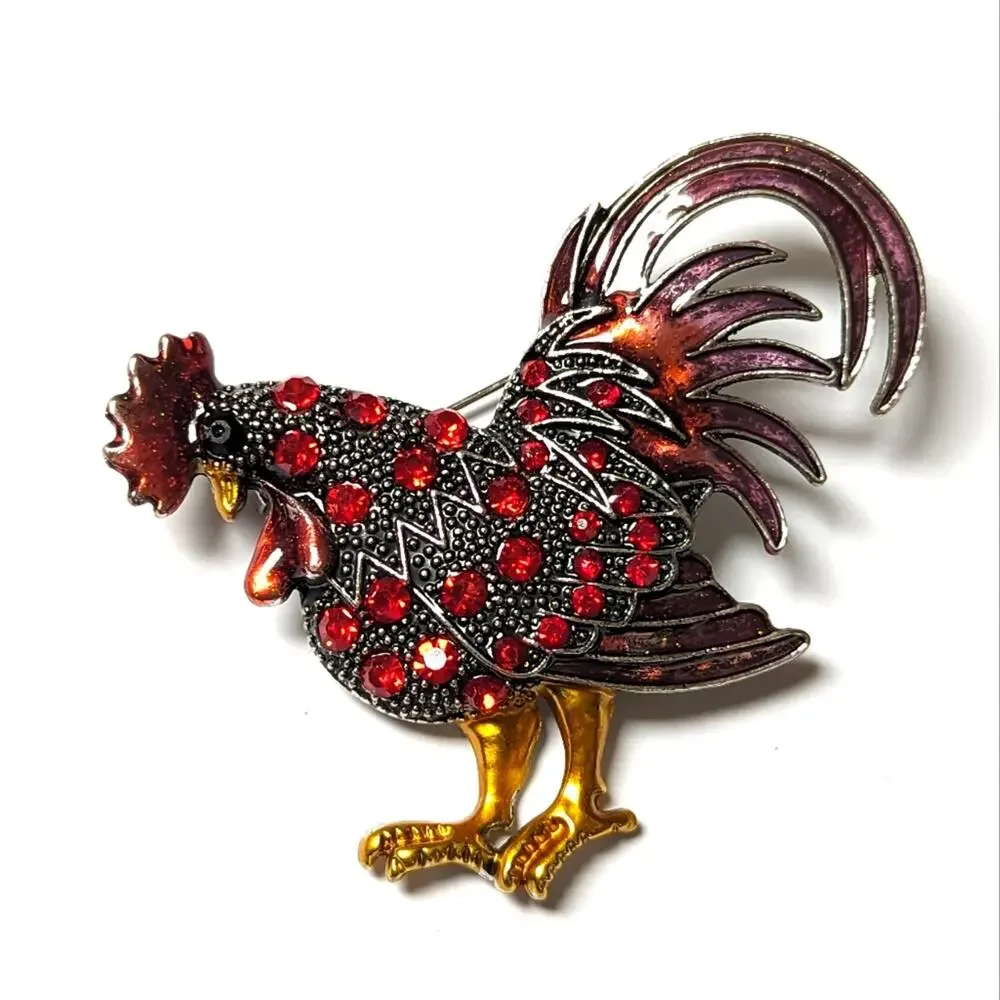 Vintage Silver Tone Red Rhinestone Purple Enameled Figural Rooster Brooch